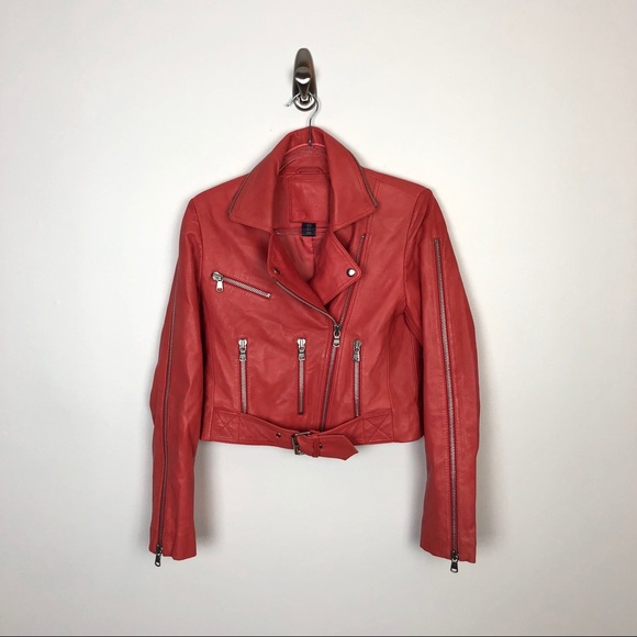Leather Coral Cropped Moto Jacket 